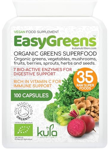 EasyGreens - Organic Greens Superfood Capsules – 100 Vegan Capsules - Soil Association Certified Natural Vitamin and Mineral - 35 Raw Greens, Fruits, Vegetables, Mushrooms, Sprouts, Seeds and Herbs