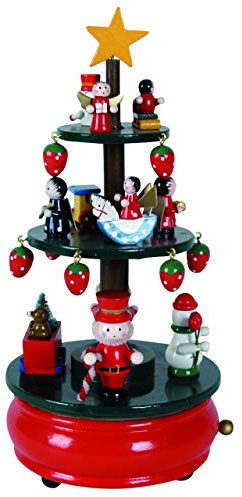 OBC Spieluhr Weihnachtslied: Deko-Baum mit Figuren grün-rot 25cm, Weihnachtslied Oh Tannenbaum/Spieldose Holz handbemalt Kunsthandwerks-Stil/Deko Advent & Weihnachten