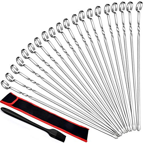 HaSteeL Paquete de 22 brochetas para asar a la parrilla, palitos planos de metal de 15.7 pulgadas con bolsa de almacenamiento, 20 pinchos largos reutilizables de acero inoxidable y 1 cepillo para