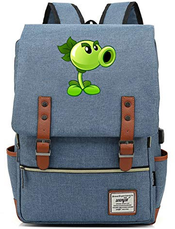 WANHONGYUE Plants vs. Zombies Spiel Backpack Vintage Schulrucksack Studententasche Schulranzen 15,6 Zoll Laptop Rucksack mit USB-Ladeanschluss Sky Blue / 1