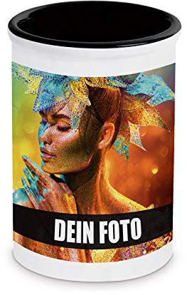 Sunnywall Foto + Text Stiftebecher Keramik Becher individuell personalisiert inkl. Geschenkkarte (weiß/schwarz)