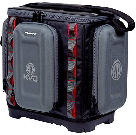 Plano KVD 3600 Signature Series Tackle Bag, Black with Red Stitching, Includes 3 Stowaway Utility Boxes, Customizable Fishing Storage, Water-Resistant TPE Coated Fabric
