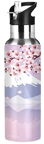 Mnsruu Fuji Japón Flor De Cerezo Botella de Agua Deportes con Pajita, Botellas Termica Acero Inoxidable 600ML Sin BPA para Niños Deportiva Gimnasio Ciclismo Escuela