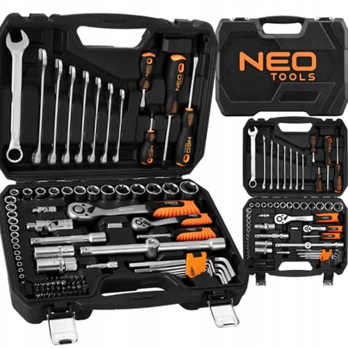 NEO TOOLS 100-teiliger Schlüsselsatz 1/2, 1/4 Zoll im Koffer | Steckschlüssel, Schraubendreher, Inbusschlüssel, Ratsche, Komplettes Set für Werkstatt, Garage, Heimwerker