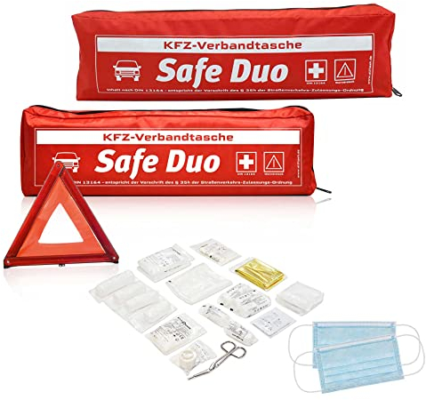 Doppelpack 2in1 Kombitasche NEU Kfz-Verbandstasche Safe Duo rot | Verbandstoffe neueste Norm 13164:2022-02 | Euro Warndreieck | Verbandskasten für Auto