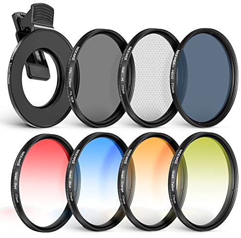 NEEWER 77 mm ND+CPL + Effect Filter Set with Mobile Phone Lens Clamp, Polarising Filter ND32, 6 Point Star Filter, 4 Graduated Colour Filters, Compatible with 15 14 Pro Max 14 13 12 11