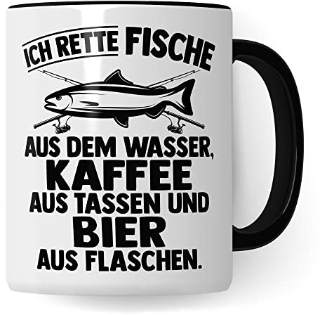 Angler Tasse Geschenk, Ich rette Fische aus dem Wasser, Kaffee aus der Tasse Bier aus der Flasche Geschenkidee Angler Fischer Kaffeetasse mit Spruch lustig Kaffee-Becher Fisch-Liebhaber (Weiß/Schwarz)