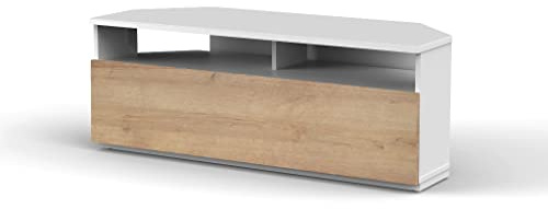 RO&CO Sonorous TRD100-WHOAK | TV-Eckmöbel Weiß 100 cm | Klapptür in Eiche | Modernes Design für Wohnzimmer | Versteckter Stauraum | Belastbar bis 40 kg | TV Eck Lowboard.