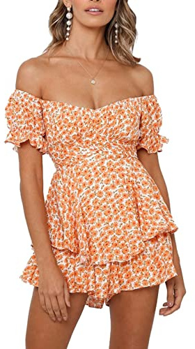 AOHITE Damen Sommer Tube Top Kleid Schulterfrei Rüschen Flowy Mini Kurze Kleider, B-Orange Floral, Groß