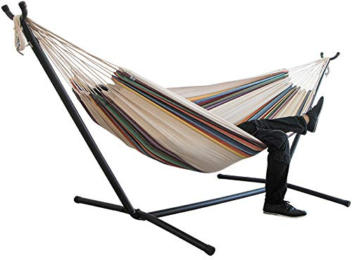 Drumm Hamac en Tissu avec Support, Double pour 2 Personnes, Hauteur Réglable, sur Pied Extérieur, Portable, pour Jardin, Camping, Balcon, Cour