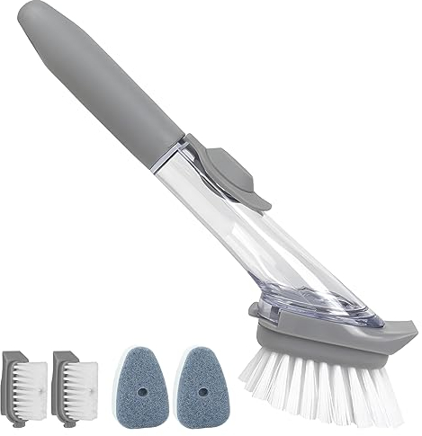 Spazzola multiuso con dispenser per detersivo, spazzola per lavare i piatti, spazzola grigia con 3 testine intercambiabili per la pulizia, spazzola per la pulizia, spazzola con dispenser per sapone