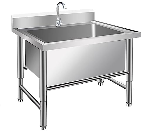 LBONG Küchenspüle Gewerbliche/Industriespüle, Freistehende Edelstahl Spültisch, Vorbereitungs- Und Versorgungswaschbecken Für Wäsche mit Wasserhahn(80X60X80cm/31.4X23.6X31.4in,15.7 Deep)