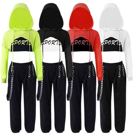 Barielle 10011 - Completo hip hop in tre pezzi per bambini, felpa con cappuccio con maniche a rete, crop top, pantaloni cargo con design a catena, outfit da danza, bianco, 158-164