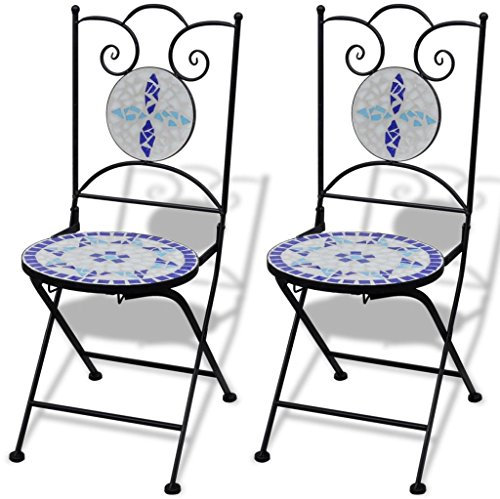 Gartenstuhl Mosaik Bistrostuhl Blau/Weiß 2er Set Farbe: Blau/Weiß Material: Gestell aus pulverbeschichtetem Eisen + Sitz aus Keramik
