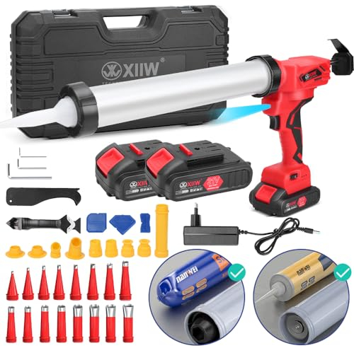 Elektrische Kartuschenpresse Silikonspritze mit 2 Akku (21V 2 Ah), 7840N Kartuschenpistole mit LED, 16X Dichtungsdüse, 6X Ersatzbasis, 0-32 mm/s, 6-Geschwindigkeit, für 600ml Wurst, 310ml Patrone