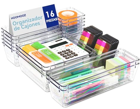 HOOMOOZ 16 Stück Schubladen Organizer mit 5 Größen, Schubladen Ordnungssystem, Make Up Organizer, Schminktisch Organizer Schubladen Einsetzbar für Schminktisch Küche Bad Büro Kunststoff Transparent