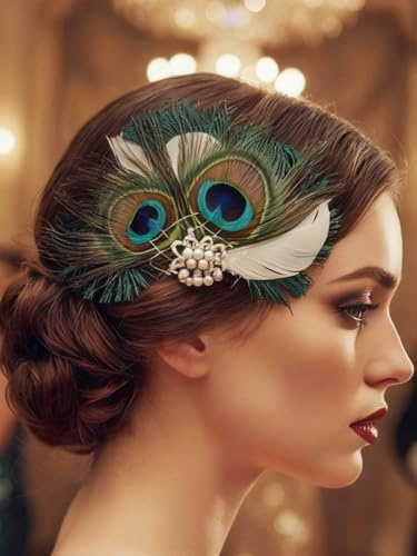 IYOU Pfauenfeder 1920er Jahre Gatsby Haarspangen Grün Flapper Kopfschmuck Festival Hochzeit Haarschmuck für Damen