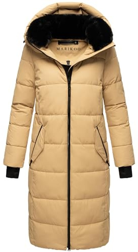 MARIKOO Damen Wintermantel warmer Steppmantel lang mit abnehmbarem Kunstfellkragen und magnetischen Knöpfen Zuraraa XVI XS-XXL
