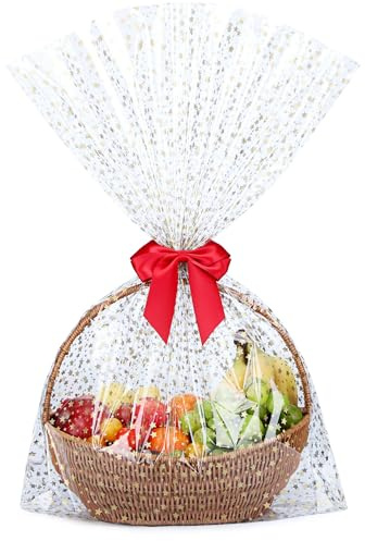 Voikinfo stor presentinslagning, cellofanpåsar, 12 st 24 x 30 guldstjärna, klar cellofanpåsar, korg, inslagning, presentpåsar, fest, gåva, förpackning med guldsnurrad slips