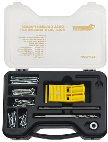SabreCut 81pcs SCPHJ001 Complete Dual Column Pocket Hole Jig Set | Magnetic quick-adjust base, built-in gauges and HSS step drill bit provide fast, accurate and repeatable pocket-hole joints