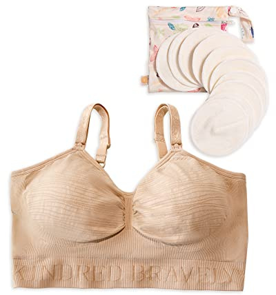 Kindred Bravely Hands-Free Pumping Bra Bundle with Organic Washable Breast Pads, 10 Pack (Beige, Medium)