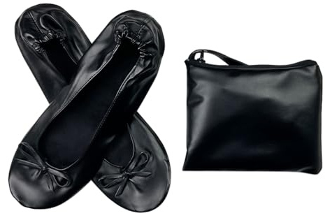 Minetom Damen Mädchen Faltbare Ballerina Bequem Flache Ballerinas Casual Komfort Weich PU Leder Party Hochzeit Schuhe mit Tragetasche A Schwarz 36/37 EU