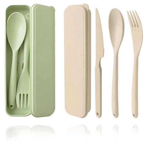 Cuayaes 2 Juego de Cubiertos Camping Grande portátil con Estuche, Cubiertos plastico Reutilizables, Juego de cucharas Cuchillos y Tenedores Cubiertos para Llevar al Trabajo, Viaje, Escuela
