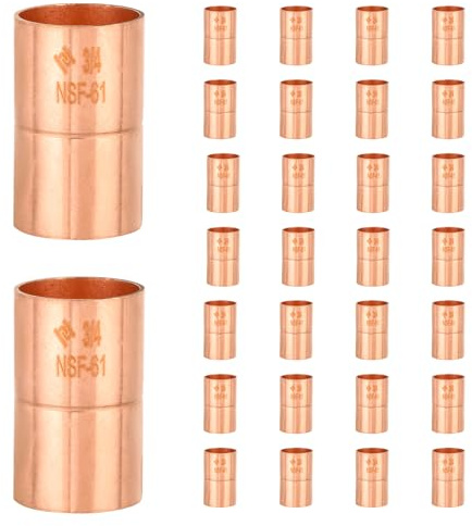 HeSun 30-Pack Copper Fittings, 3/4-Inch Copper Coupling with Rolled Stop, C x C with Sweat Solder Connection