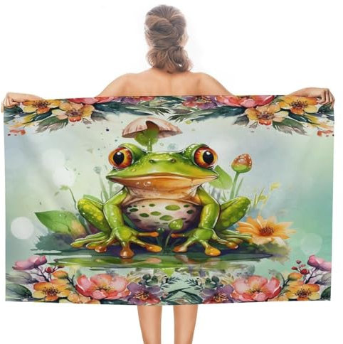 Strand Handtuch Rustikaler Blumenfrosch Duschtücher Erwachsene Mikrofaser Handtücher Weich Badetuch Groß, Für Picknick, Wandern, Yoga, 80x130cm