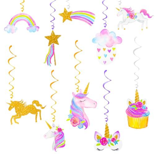 CHEERYMAGIC 10pcs Unicorn Hanging Swirls, Rainbow Unicorn Party Decorations, Ceiling Streamers for Girls Birthday Party Supplies