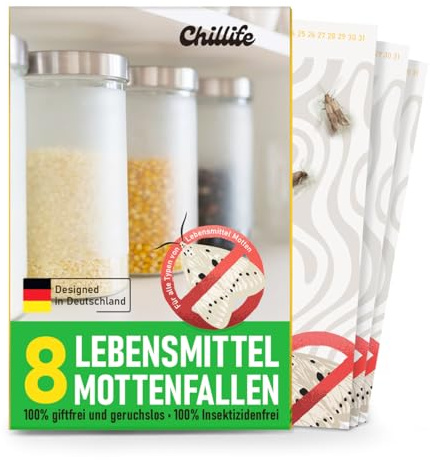 Chillife unsichtbare Lebensmittelmotten Falle I 8 Pheromon-Klebefallen I diskret & giftfrei I langanhaltender Schutz I für Küche & Vorrat I Mottenfalle Lebensmittel I Lebensmittelmotten bekämpfen