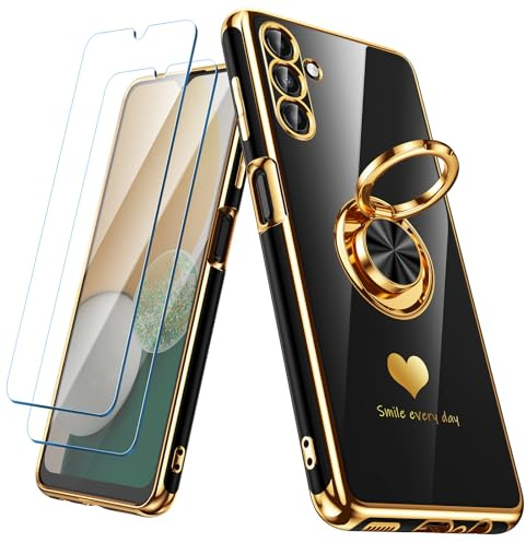 Nonional for Samsung Galaxy A13 5G/A04S Case with 2 Pack Screen Protector, 360° Rotatable Ring Holder [Luxury Hearts Pattern] Plating Gold Edge Slim Soft Phone Cover Case for Galaxy A13 - Black