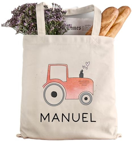 kleinebuchstaben Personalisierte Baumwolltasche Stofftasche mit Wunschname - Kinder Beutel Jutetasche Kindertasche & Wunschname - Wechselwäsche - Tragetasche Jutebeutel (Traktor Rot Großes Rad)
