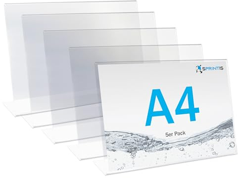 SPRINTIS Tischaufsteller A4 quer (5 Stück) - für Inhalt 29,7 x 21 cm, L-Aufsteller aus glasklarem Kunststoff für Hochzeit & Restaurant, Werbeaufsteller DIN A4 schräg, Menükartenhalter Querformat