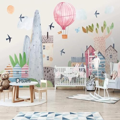 MIXUEXUNLU Moderne minimalistische Kindertapete 3D handgezeichnetes Cartoon-Aquarell-Heißluftballon-Hausvogel-Kinderzimmerwandbild