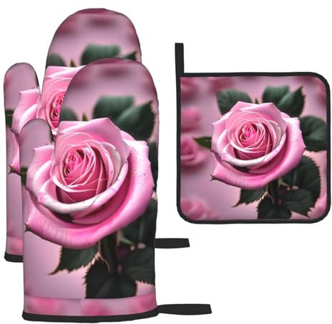 Set di guanti da forno e presine con stampa rossa e rosa, guanti da ristorante, cucina, forno, microonde