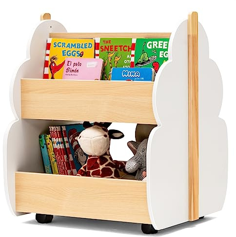 HOMASIS Kinder Bücherregal Spielzeugregal mit 2 Fächern, Holz Kinderregal Standregal mit 4 Rädern, niedliche Spielzeugkiste Aufbewahrung für Kinderzimmer, Spielzimmer & Kindergarten (Weiß+Natur)