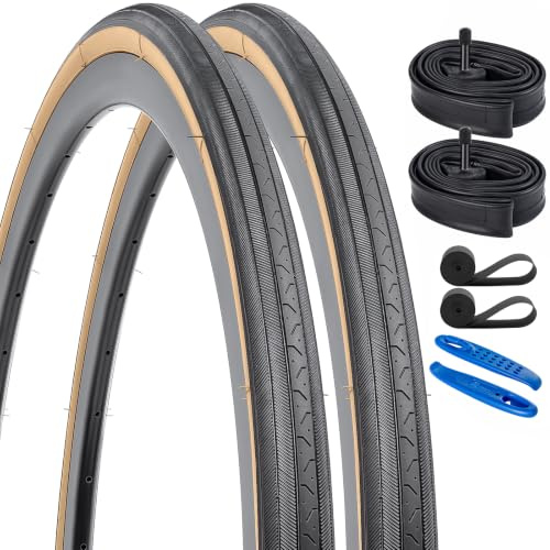 YUNSCM 2-PCS 27x1 1/4 (32-630) Gumwall Road Bike Tires and 27 Bike Tubes Schrader Valve with 2 Rim Strips Compatible with 27 x 1 1/4 Bike Bicycle Tires and Tubes(Y-1016)