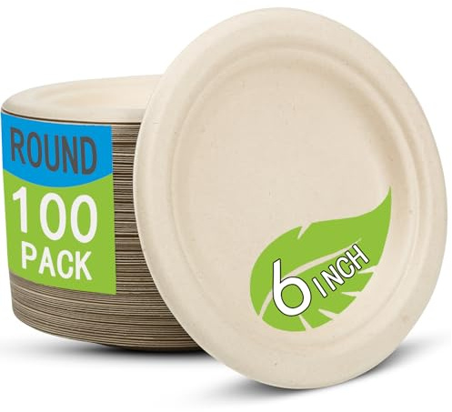Disposable Small Paper Plates 6 Inch (Brown) - 100 Counts Heavy Duty Natural Bagasse Plates, Compostable & Leak-Proof, Microwave Safe for Birthday Party Desserts & Appetizer & Picnic Snacks, BBQ