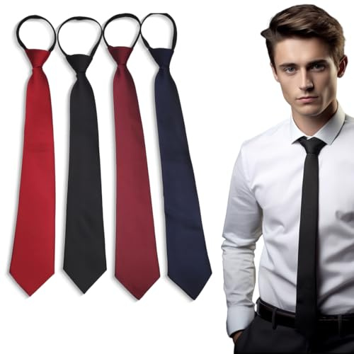 Set de 4 Cravates pour Hommes (Noir/Bleu Marine/Rouge), Cravate Élégante en Soie avec Élastique et Fermeture Éclair, Cravate Sécurité pour Garçons et Hommes, Cravate Homme Cravates Homme