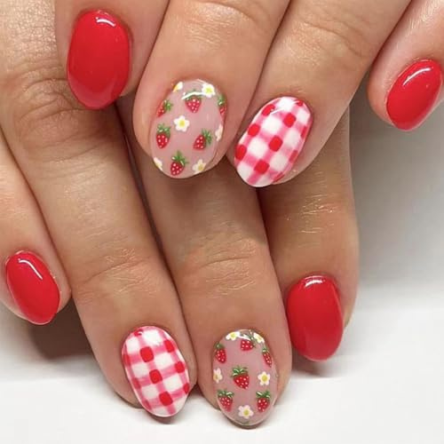 GlamRays Akryl Press-on-Nägel Mittlere Mandeln Falschnägel Rote Erdbeere Klebe-Nägel Nagel Design süße 24 Stück Stiletto Voll-Bestückung