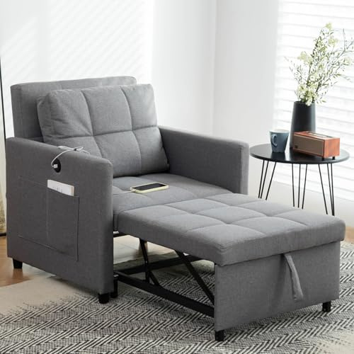 3-in-1 Sleeper Chair,Adjustable Single Sofa Convertible Chair Bed Pull Out Sleeper Beds with USB Ports, Side Pocket for Office-Grey