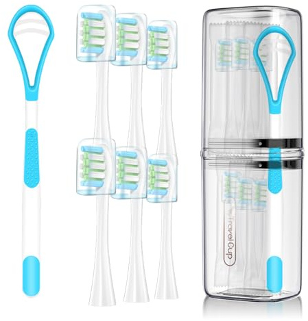 MediGenius 6 Pack Electric Toothbrush Replacement Heads Suitable for Oclean X Pro Elite/X/X Pro/Flow/F1/Air 2-Vacuum-Sealed with Hygienic Caps,Bonus Tongue Scraper & Travel Cup Included-White