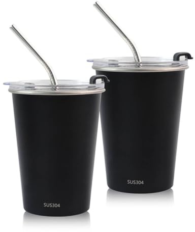 WQRFWET Ensemble De Tasses En Lot 4 Gobelets En Acier Inoxydable 350 ML / 12 Oz Stacking Beer Pint Extérieur Givré Antidérapant Avec Couvercle Et Paille Mugs En Métal Réutilisables(2pcs)