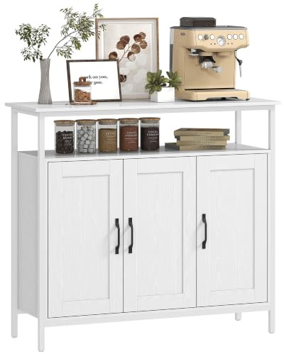 HOMCOM Aparador 3 Puertas con Compartimento Abierto Blanco 100x35x88 cm | Aparador para Salón Industrial, Estantes Ajustables, para Comedor, Entrada, Dormitorio