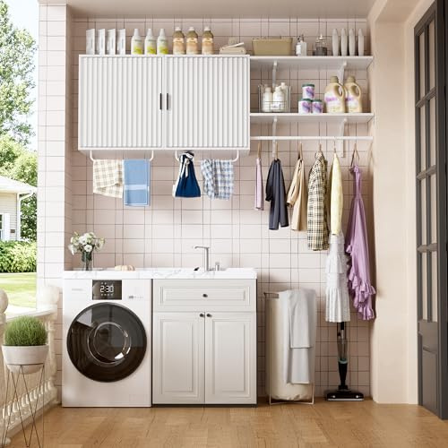 Armario Baño Pared, Mueble Colgante Baño, Organizador de Almacenamiento de Espacio con 2 Puertas y Estante Abierto para Sala de Estar, Cocina, Entrada,166×54×30cm, Blanco