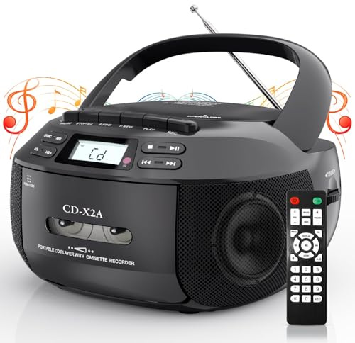 Lettore CD portatile con lettore di cassette con nastro CD MP3 USB FM riproduzione Bluetooth, Boombox con display a LED e telecomando, alimentazione AC/DC