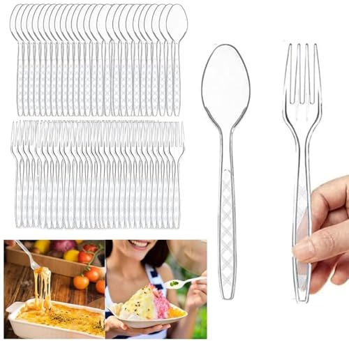 Transparent Couverts de Fête, Couverts en Plastique de Fête, Plastique Reutilisable, 100 fourchettes, 100 cuillères pour Mariages Camping