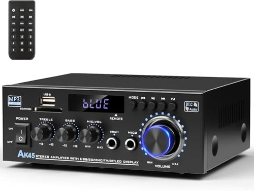 Stereo Audio Amplifier 2025 Upgraded AK45 Bluetooth Receiver for Home Stereo, 400W 2 Channel Wireless Bluetooth 5.0 Power Amplifier System with FM Radio, USB, SD Card, and Remote Control
