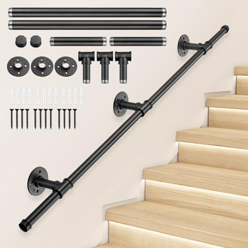 Metal Handrails for Stairs, 1.25M Stair Handrail Non-Slip Hand Rails Galvanized Industrial Pipe Staircase Handrail Outdoor Indoor Hand Rail Banister for Elder and Child